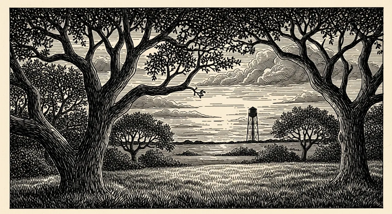 Two large trees frame a landscape with clouds and a distant water tower.