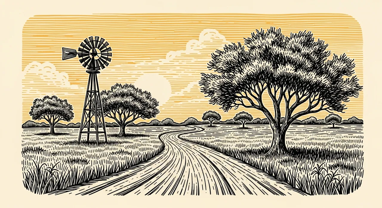 Rural landscape with windmill, trees, winding path, and cloudy sky.