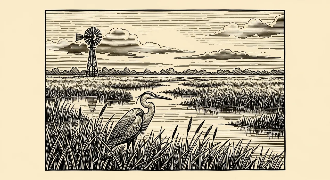Heron in a grassy wetland with a windmill in the background.