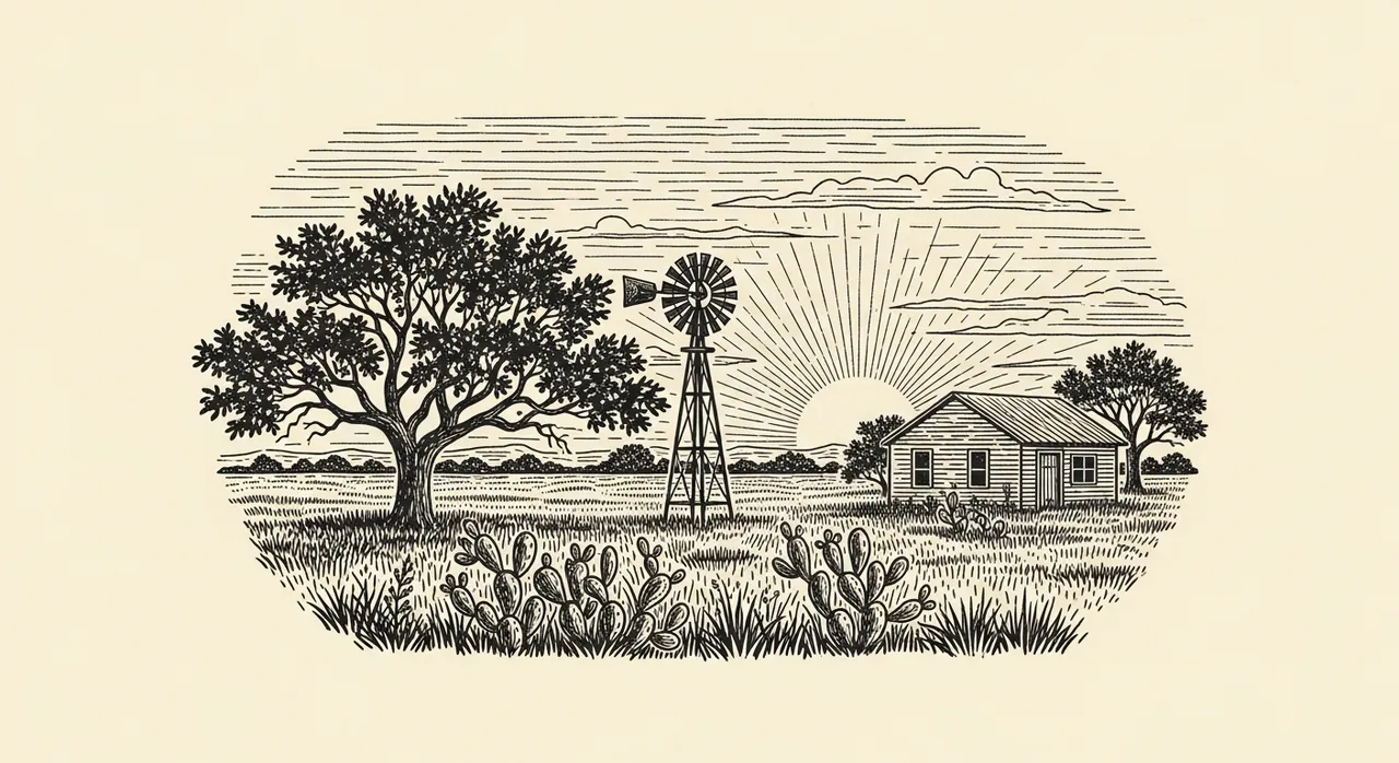 Countryside scene with trees, windmill, house, cactus, and setting sun.