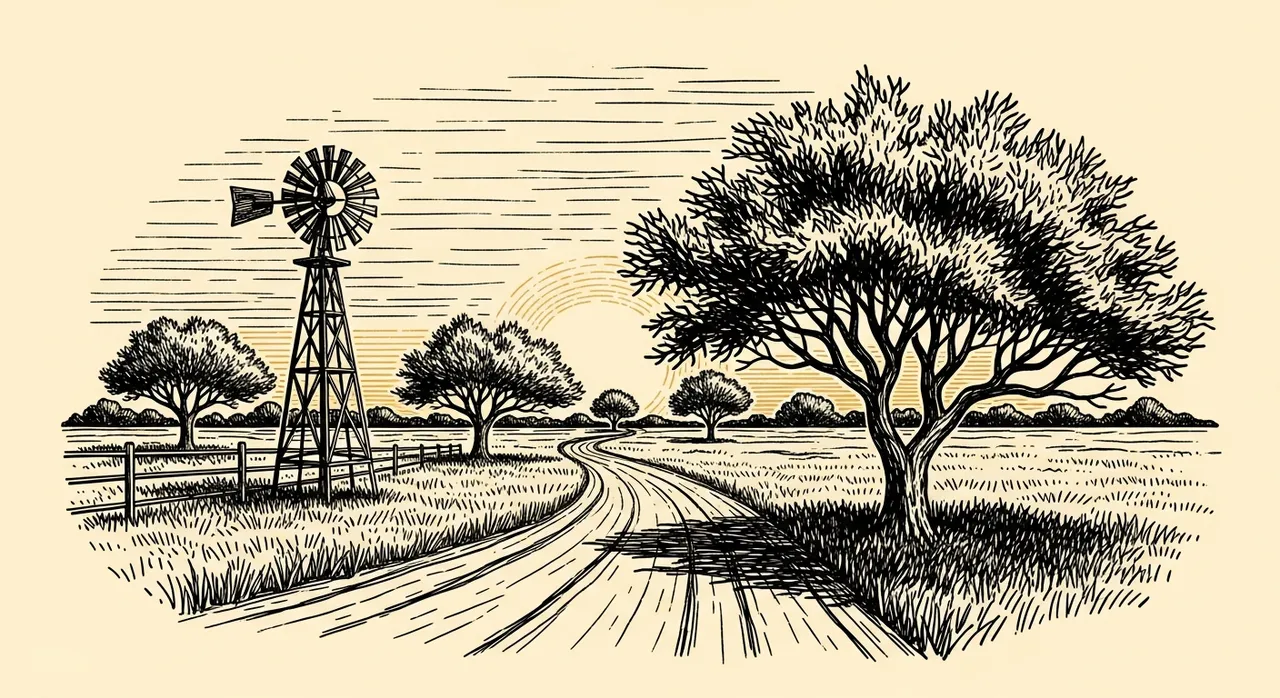 Pastoral landscape with trees, windmill, path and rising sun.