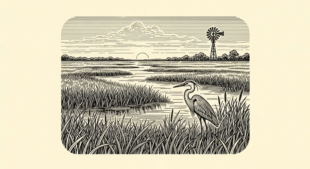 Heron standing in a grassy marsh with distant windmill and setting sun.