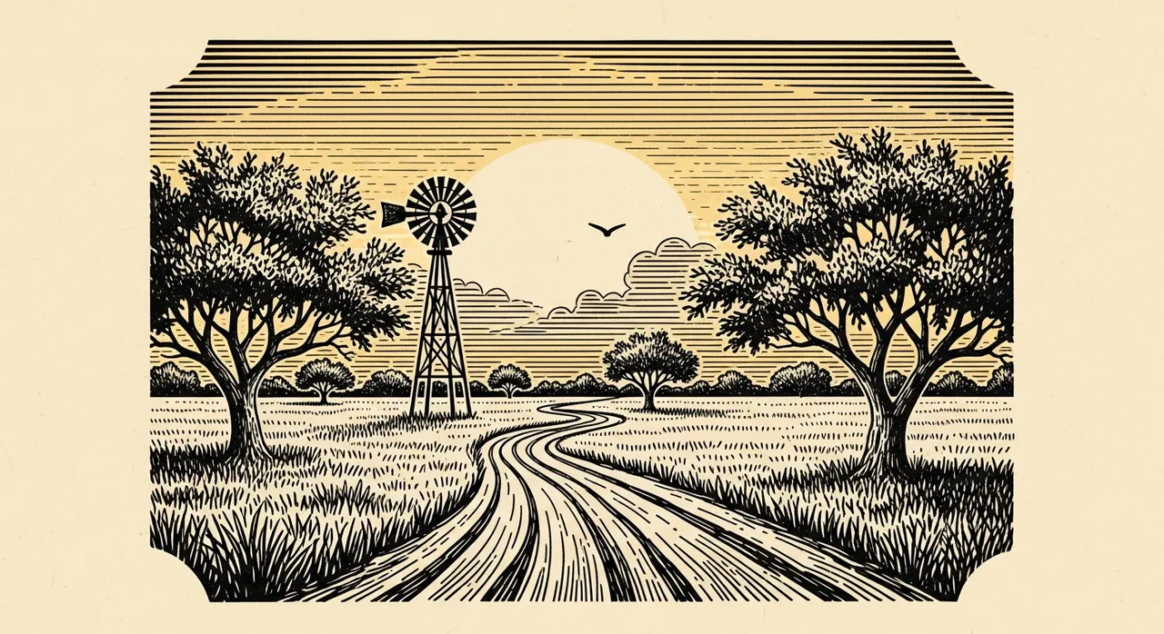 Vintage-style landscape with winding road, trees, and windmill under a large setting sun.
